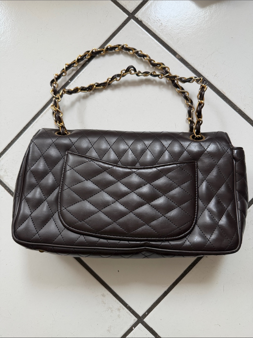 Quilted Shoulder Bag With Gold Chain Strap In Dark Brown — image 2 of 6